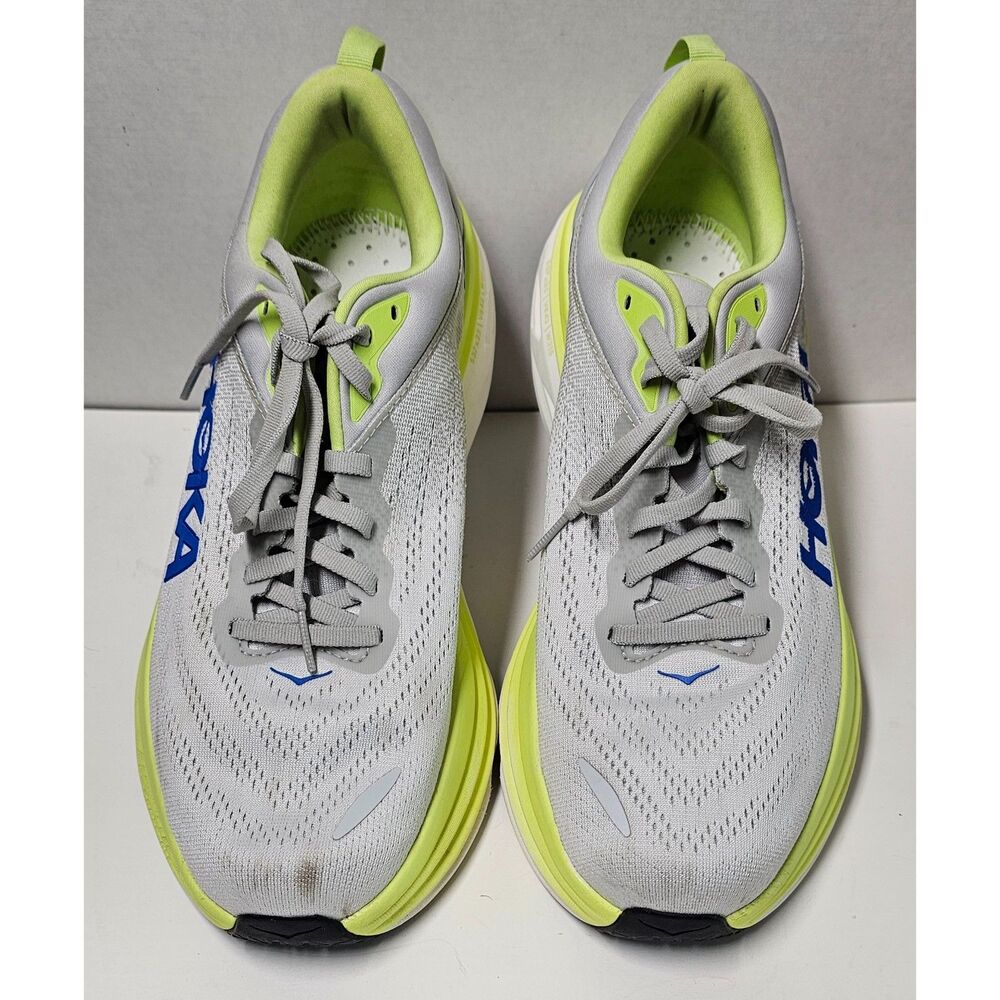 Hoka Bondi 8 Men's 10.5D Grey Lime Green Running Shoes Max Cushion